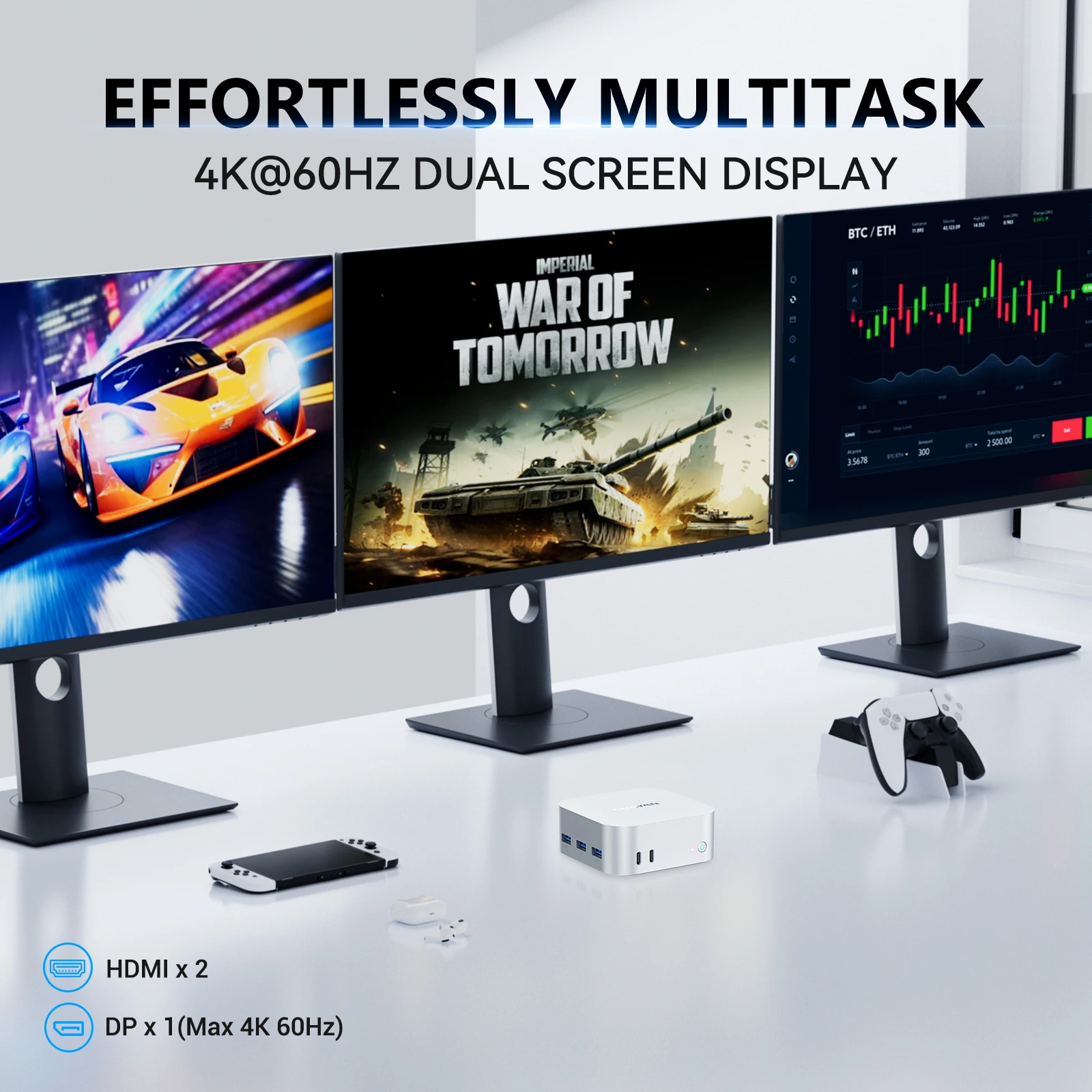 Soayan N5 Mini PC – Intel N150, DDR5, 12GB RAM/512GB SSD, Win11 Pro, Dual LAN & Type-C, Compact Office PC