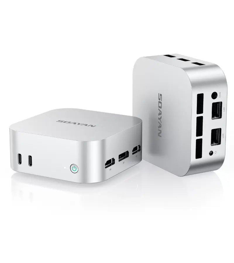 Soayan N5 Mini PC – Intel N150, DDR5, 12GB RAM/512GB SSD, Win11 Pro, Dual LAN & Type-C, Compact Office PC